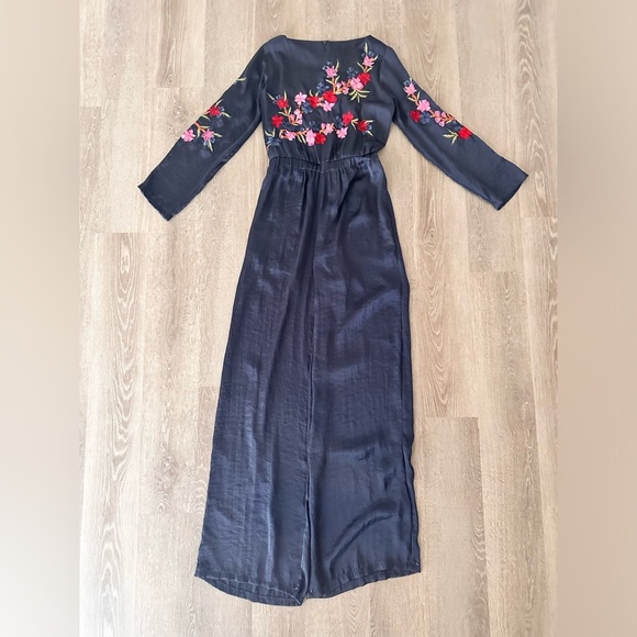 ZARA Navy Blue Embroidered Floral Wide Leg Jumpsuit Jumper Romper M - Picture 3 of 8